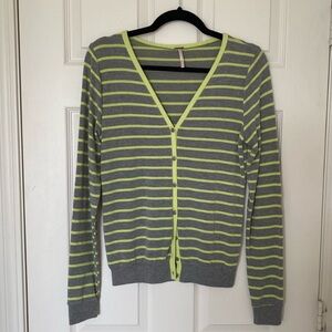Gray and Lime Striped V-Neck Button Cardigan